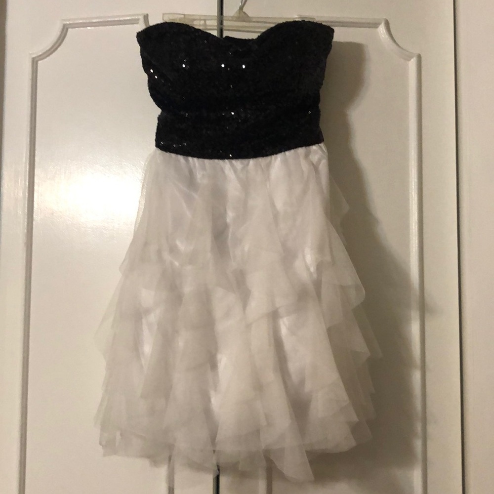 Black and white sequin and tulle overlay dress
